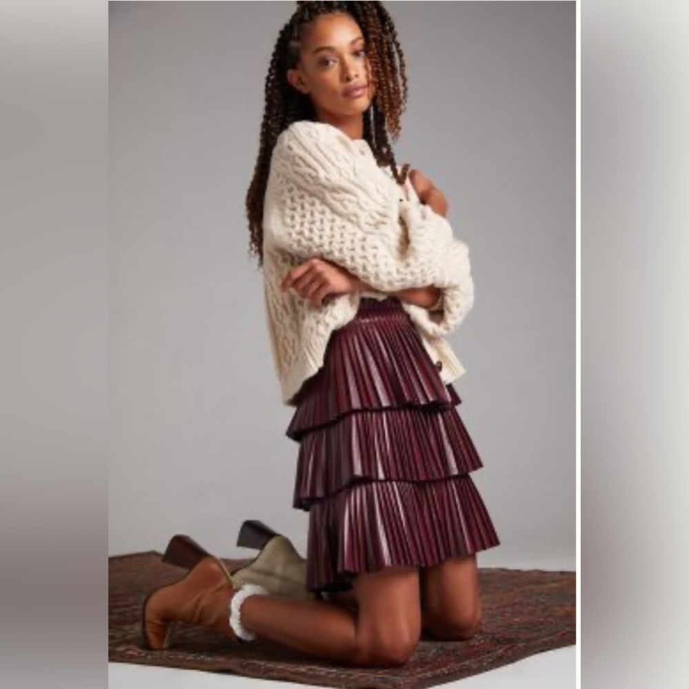 Anthropologie TIERED FAUX LEATHER MINI SKIRT | Color Plum | Size XS - Picture 1 of 8